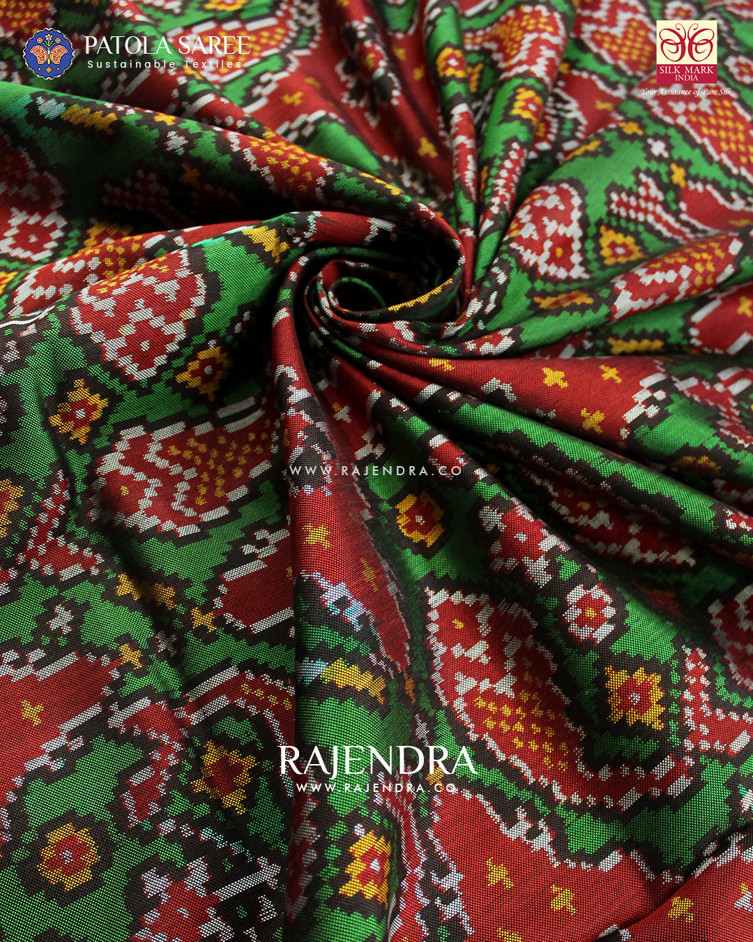 Exclusive Fish Motif Red and Green Ikat Rajkot Patola Saree