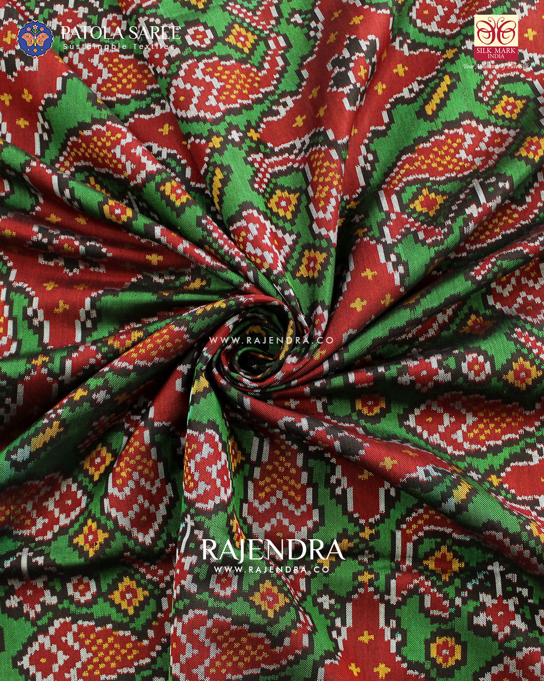 Exclusive Fish Motif Red and Green Ikat Rajkot Patola Saree