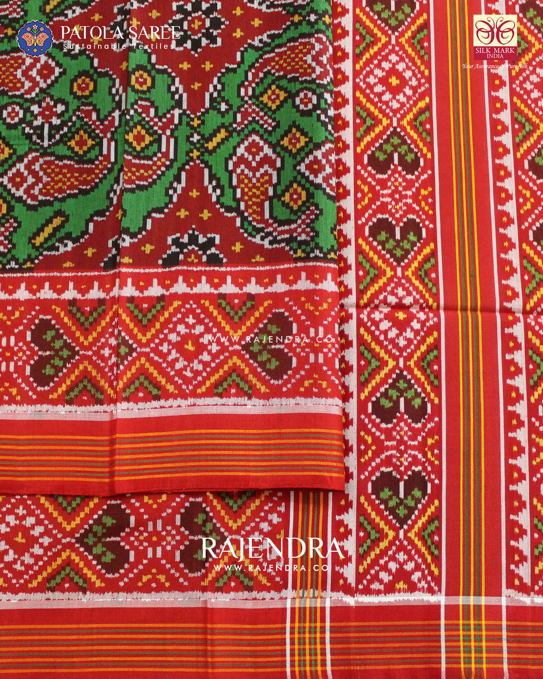 Exclusive Fish Motif Red and Green Ikat Rajkot Patola Saree