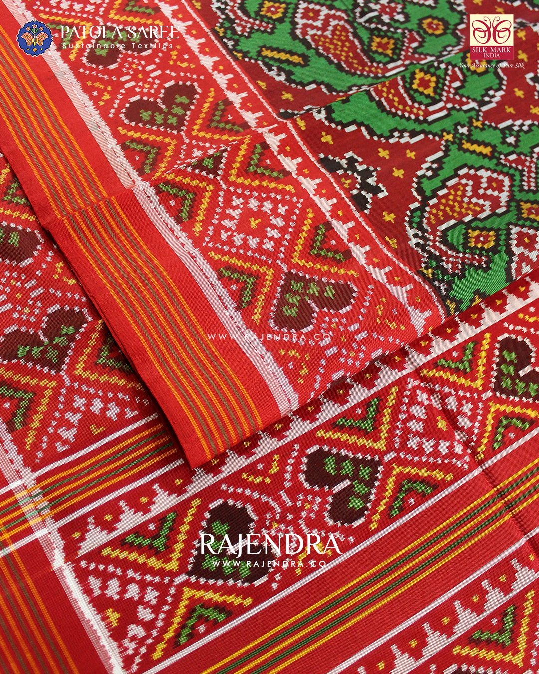 Exclusive Fish Motif Red and Green Ikat Rajkot Patola Saree