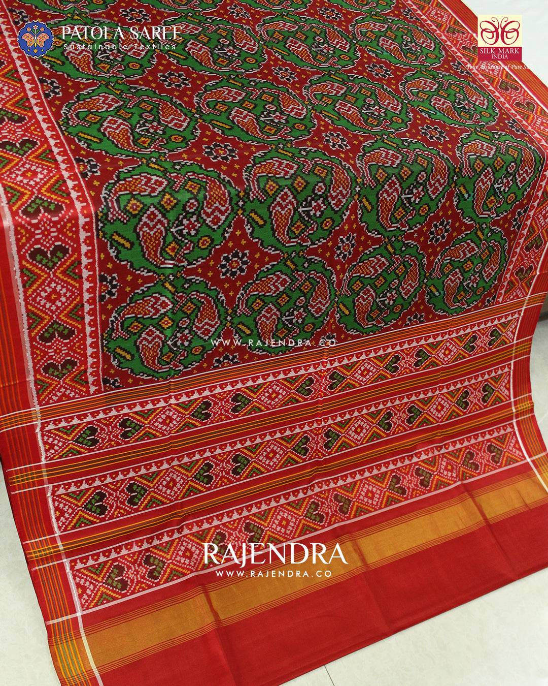 Exclusive Fish Motif Red and Green Ikat Rajkot Patola Saree