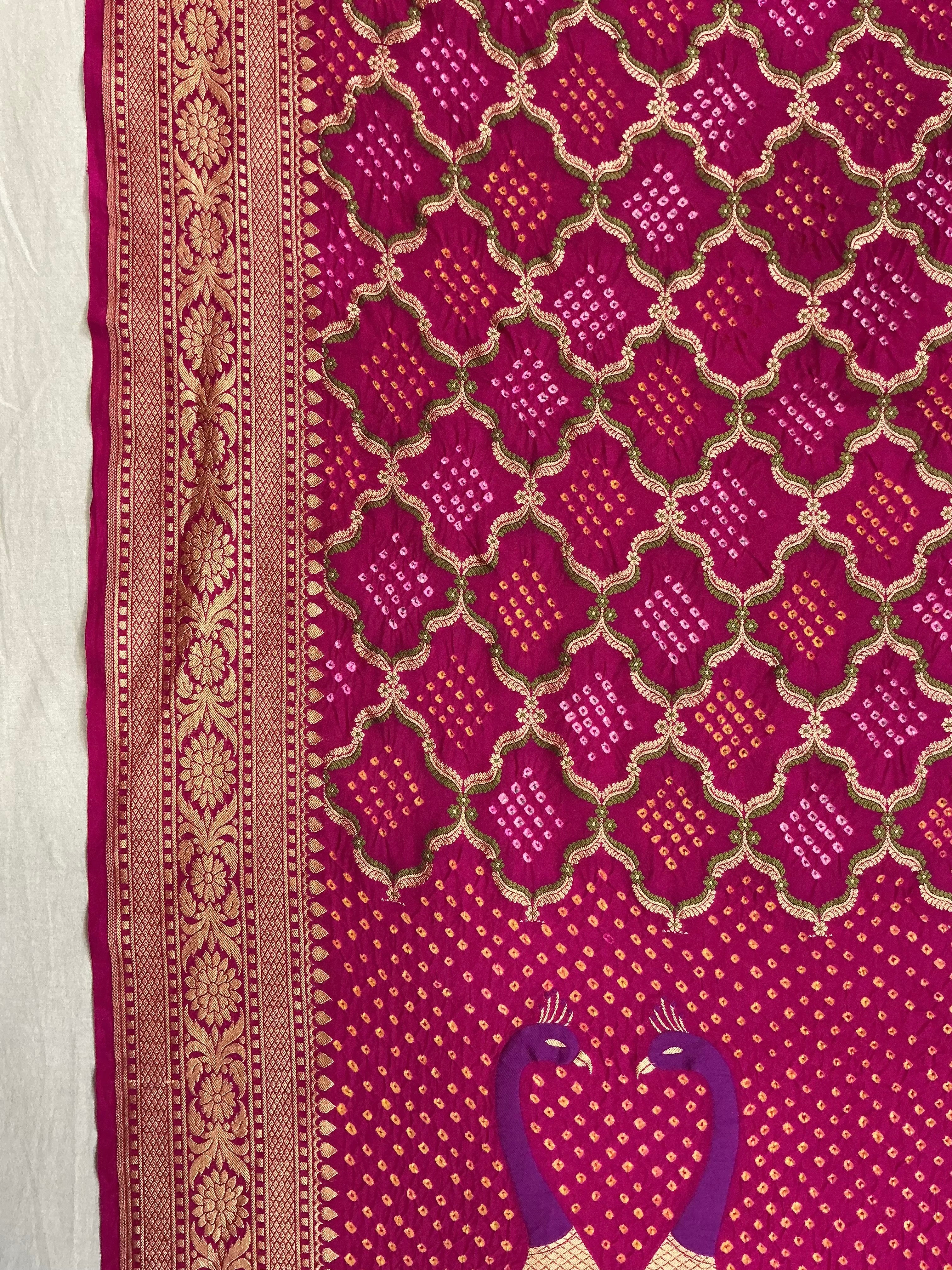 Exclusive Peacock Pink Purple Banarasi Bandhani Dupatta