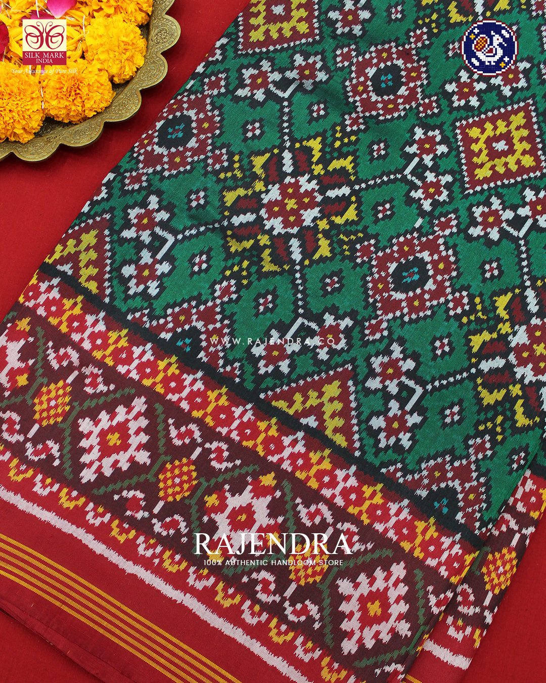 Traditional Navratna Design Red and Blue Ikat Rajkot Patola Saree