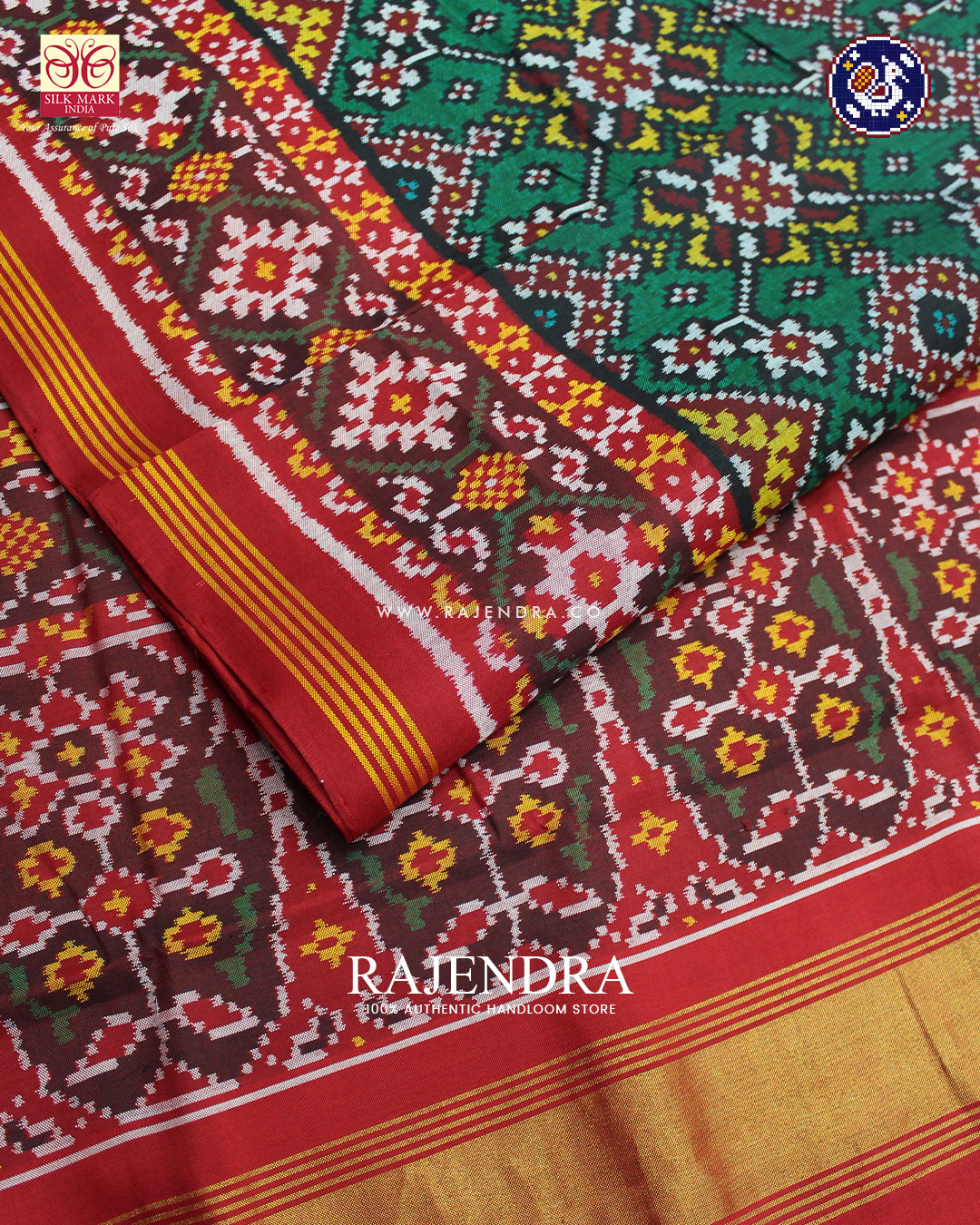 Traditional Navratna Design Red and Blue Ikat Rajkot Patola Saree