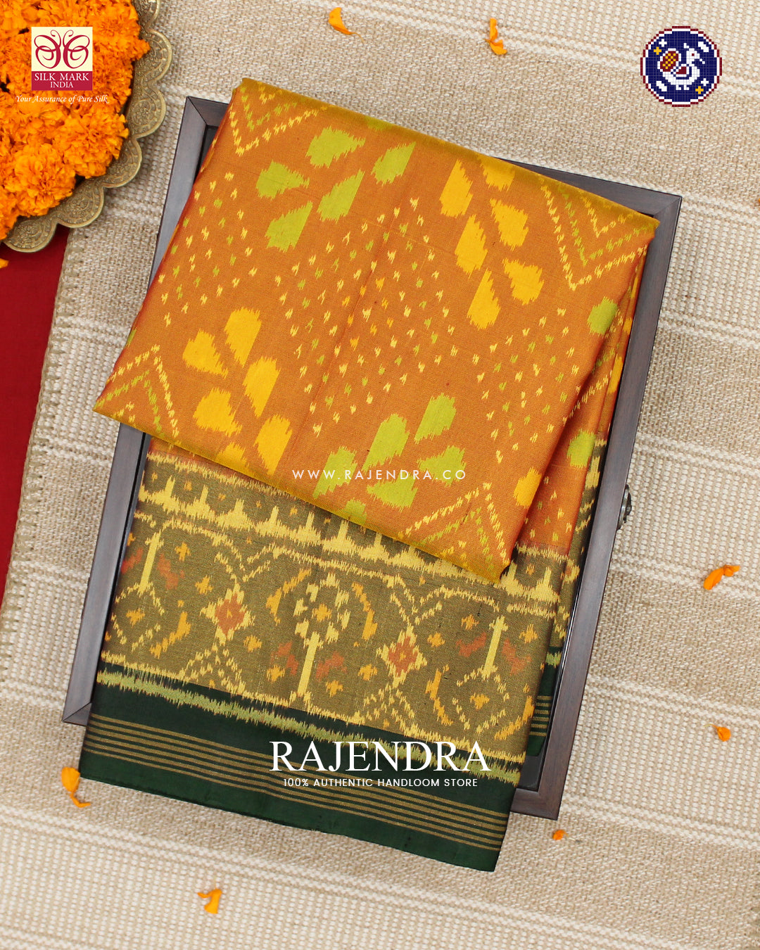 Exclusive Bandhani Design Green Mustard Rajkot Patola Saree