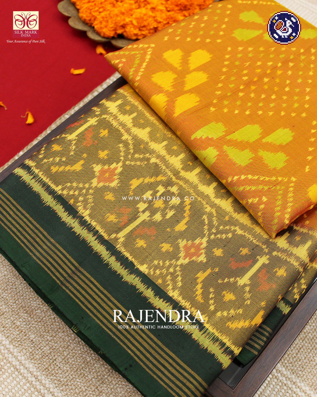 Exclusive Bandhani Design Green Mustard Rajkot Patola Saree