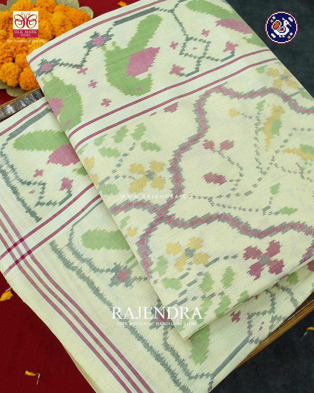 Exclusive Parrot Border Fancy Design Off White Ikat Patola Saree