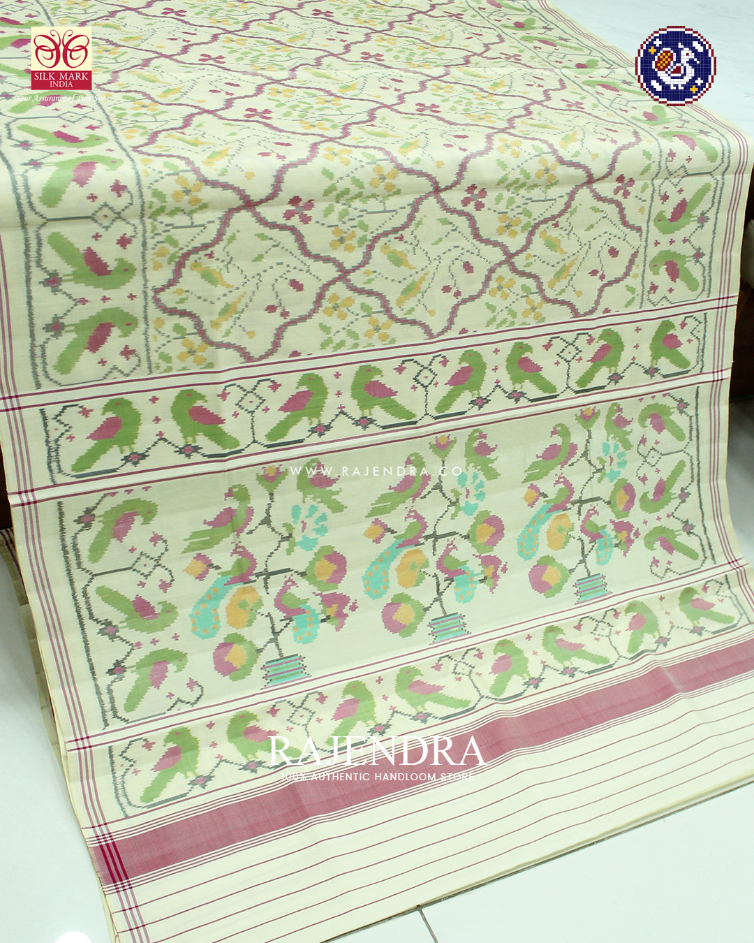 Exclusive Parrot Border Fancy Design Off White Ikat Patola Saree