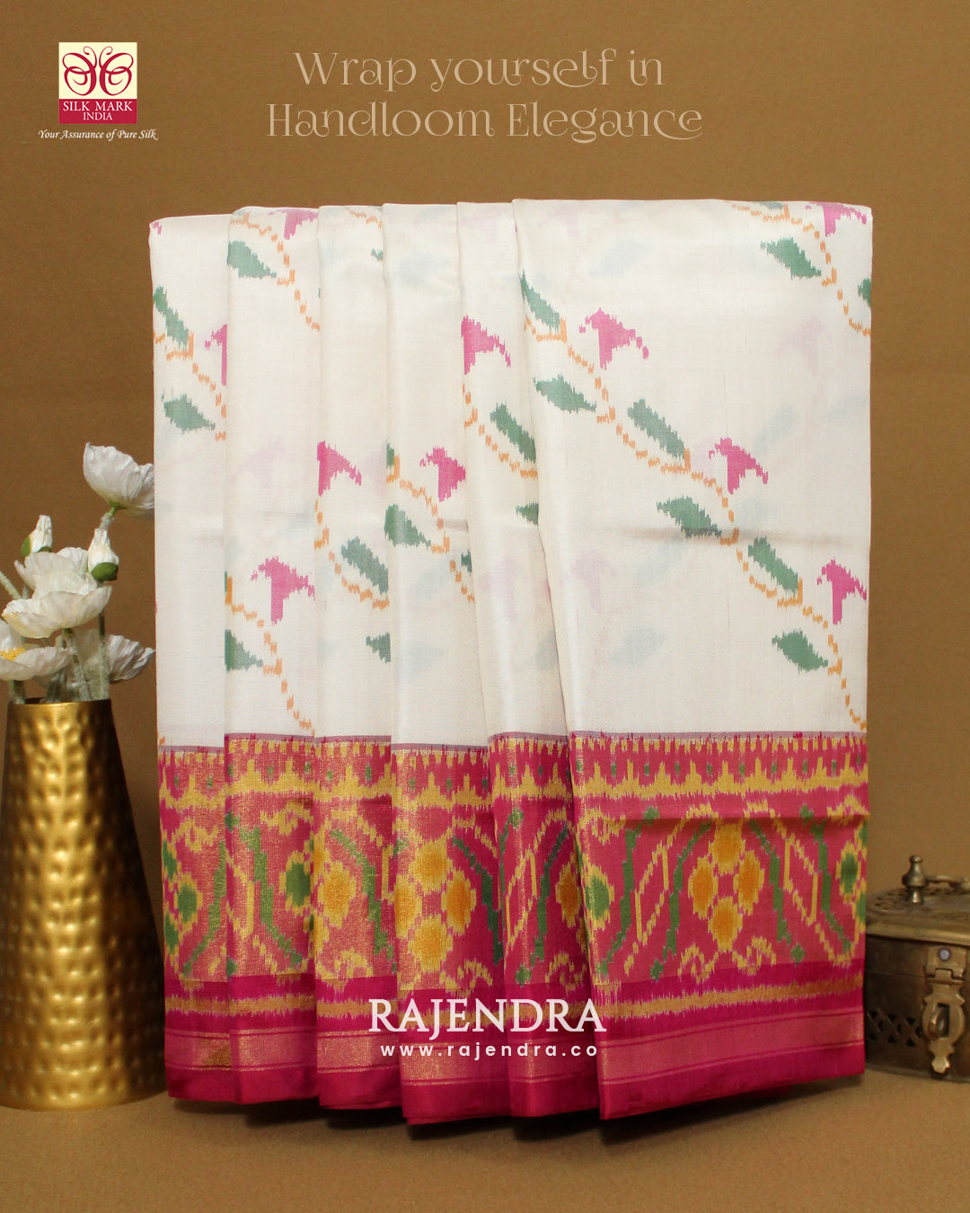 Fancy Pink and White Flowers Bhat Single Ikat Rajkot Patola Saree