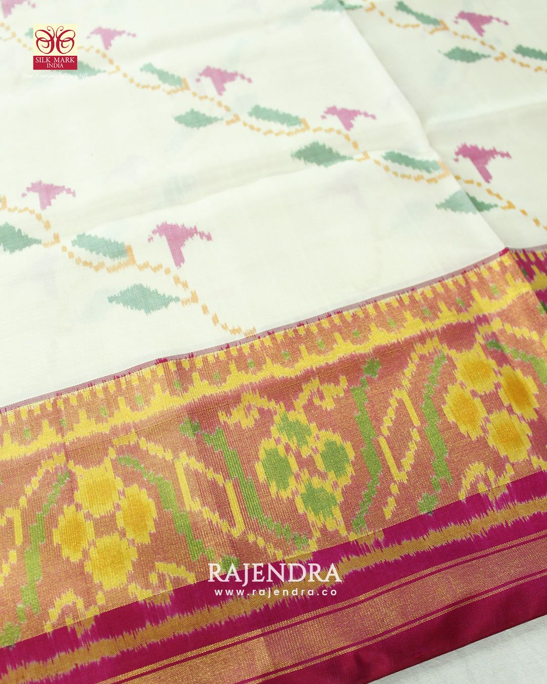 Fancy Pink and White Flowers Bhat Single Ikat Rajkot Patola Saree