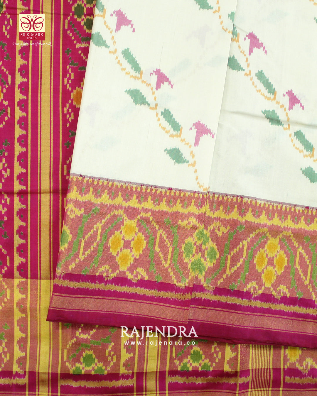 Fancy Pink and White Flowers Bhat Single Ikat Rajkot Patola Saree