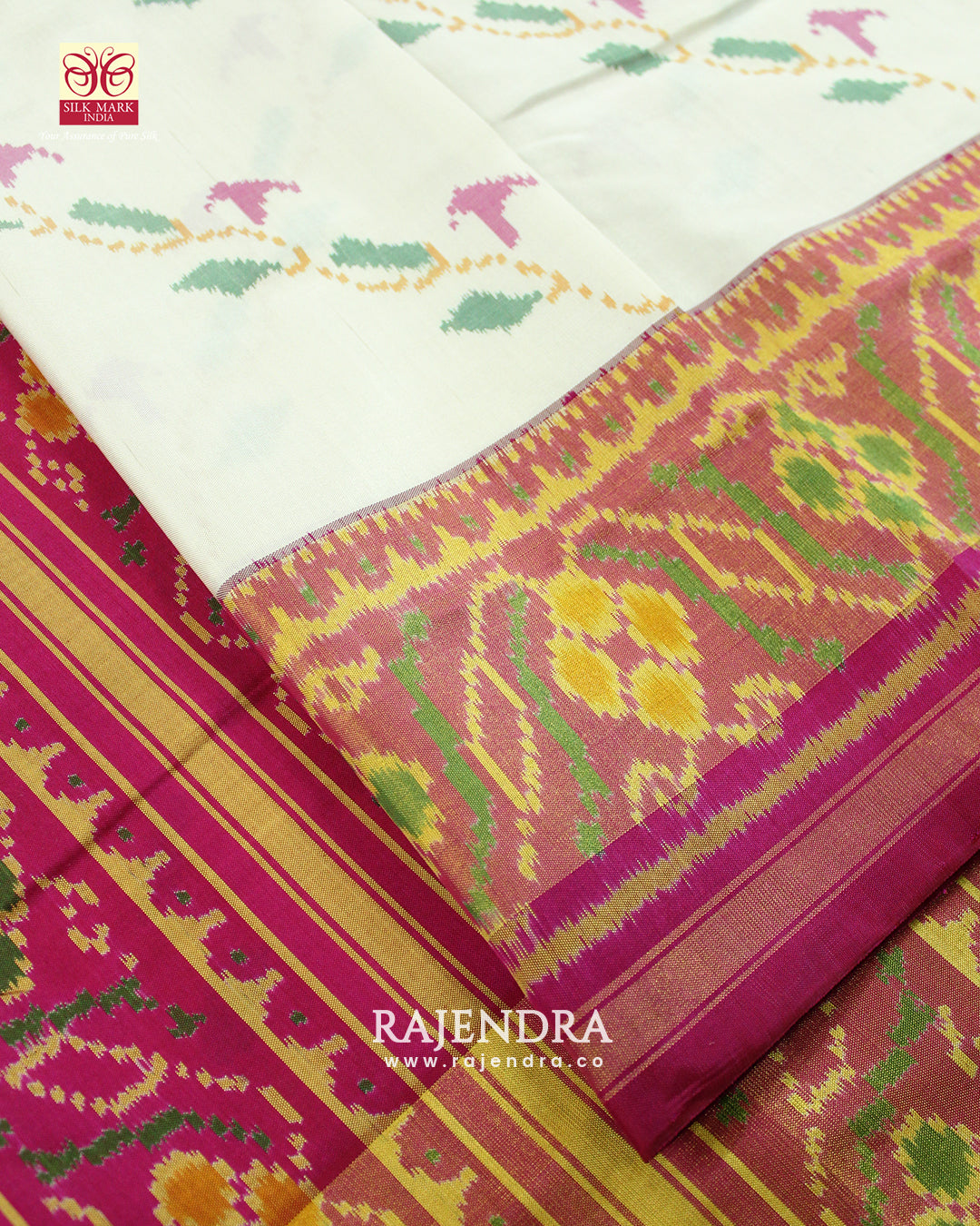 Fancy Pink and White Flowers Bhat Single Ikat Rajkot Patola Saree