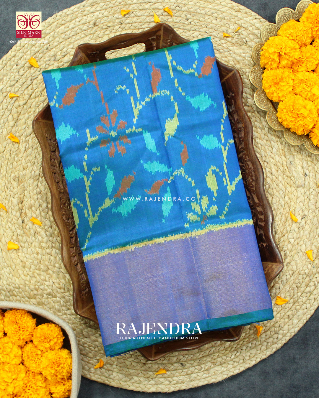 Exclusive Flowers Design Blue Single Ikat Rajkot Patola Saree