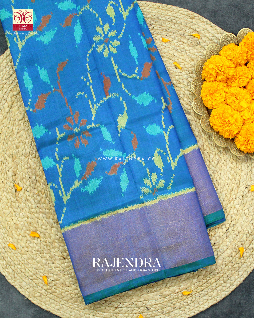 Exclusive Flowers Design Blue Single Ikat Rajkot Patola Saree