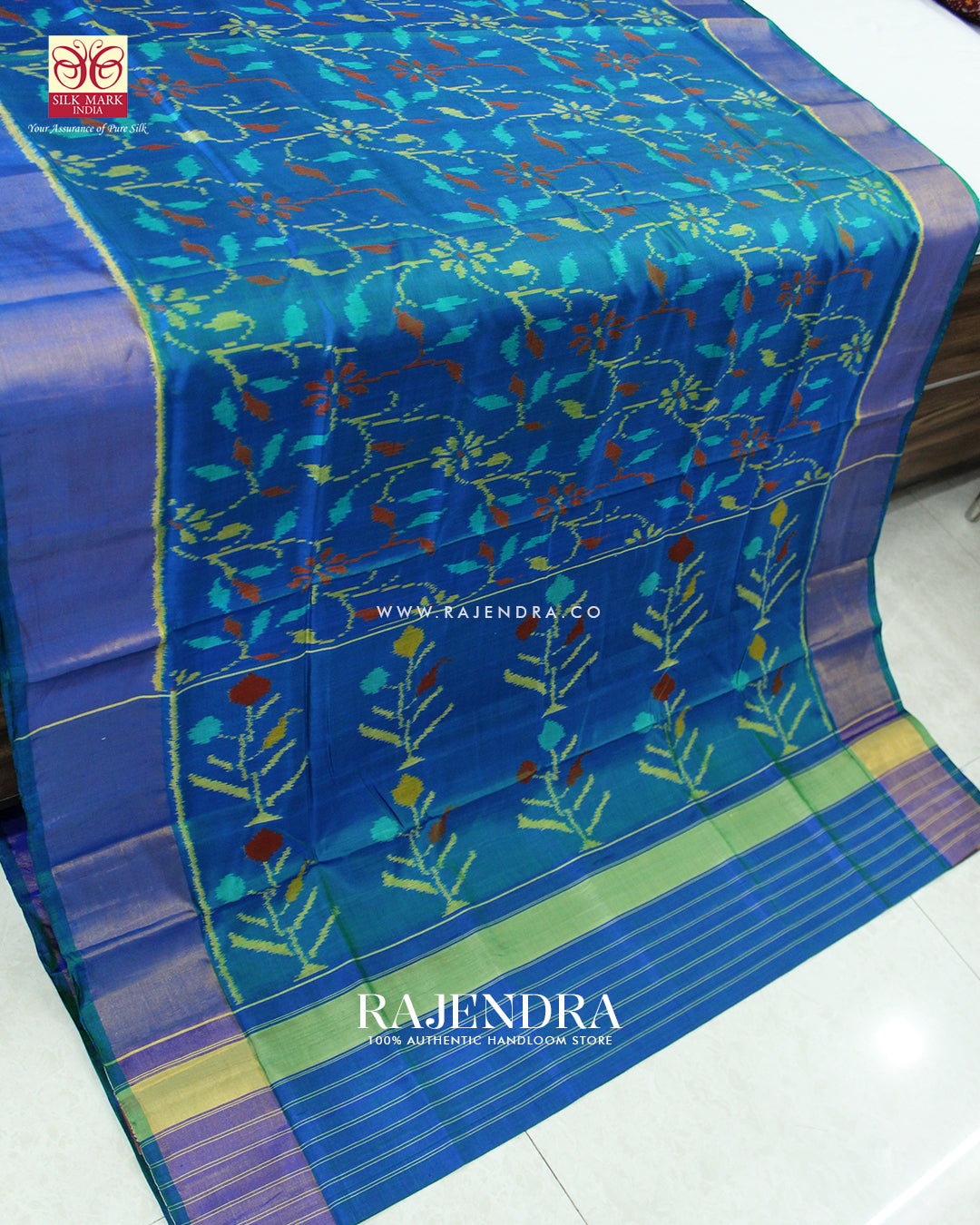 Exclusive Flowers Design Blue Single Ikat Rajkot Patola Saree
