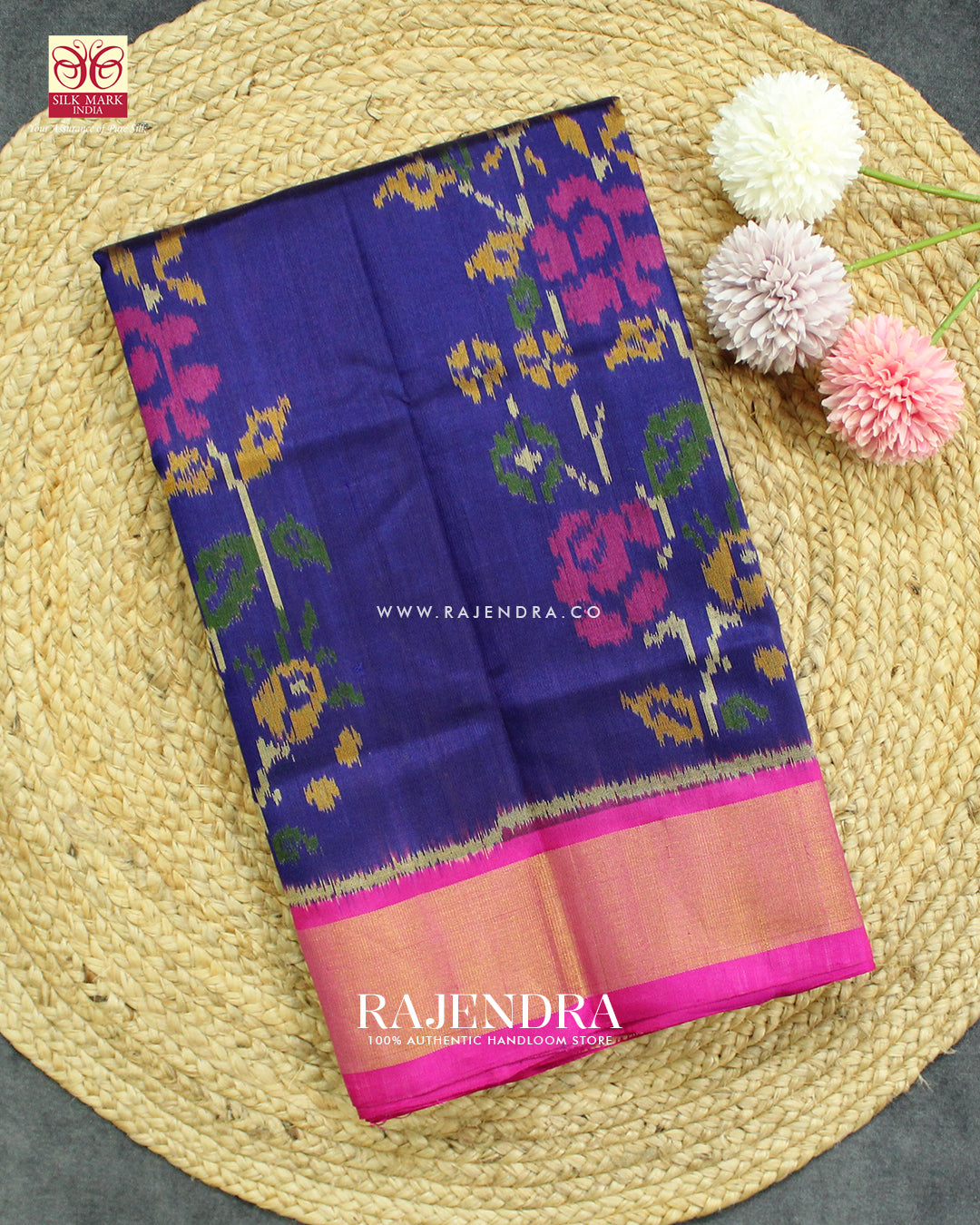 Fancy Flowers Design Pink and Blue Single Ikat Rajkot Patola Saree
