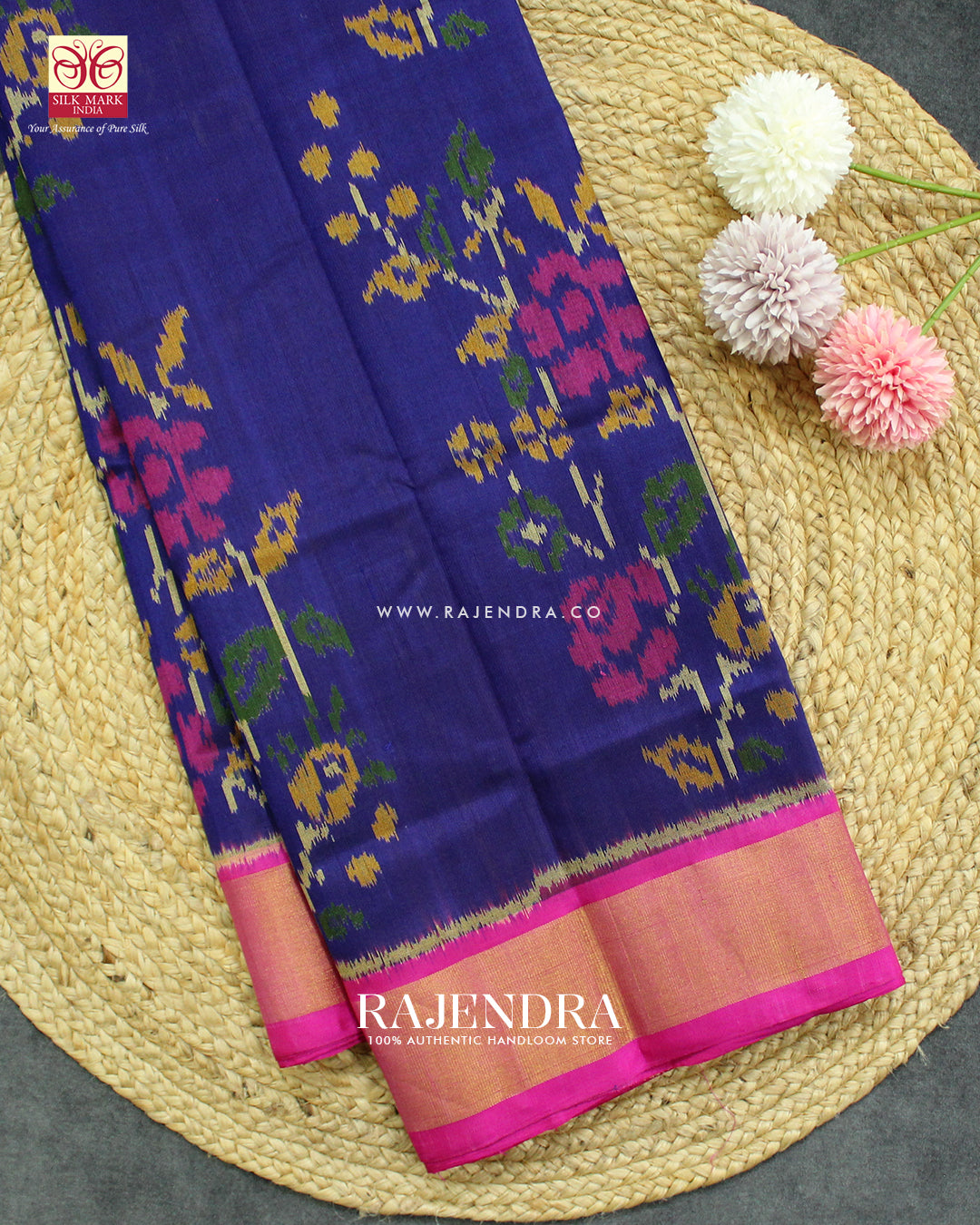 Fancy Flowers Design Pink and Blue Single Ikat Rajkot Patola Saree