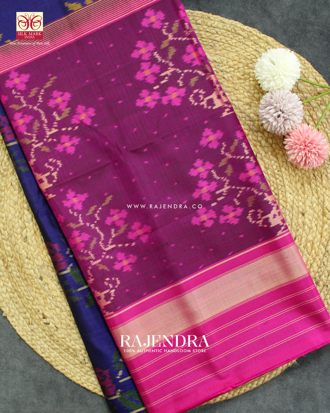 Fancy Flowers Design Pink and Blue Single Ikat Rajkot Patola Saree