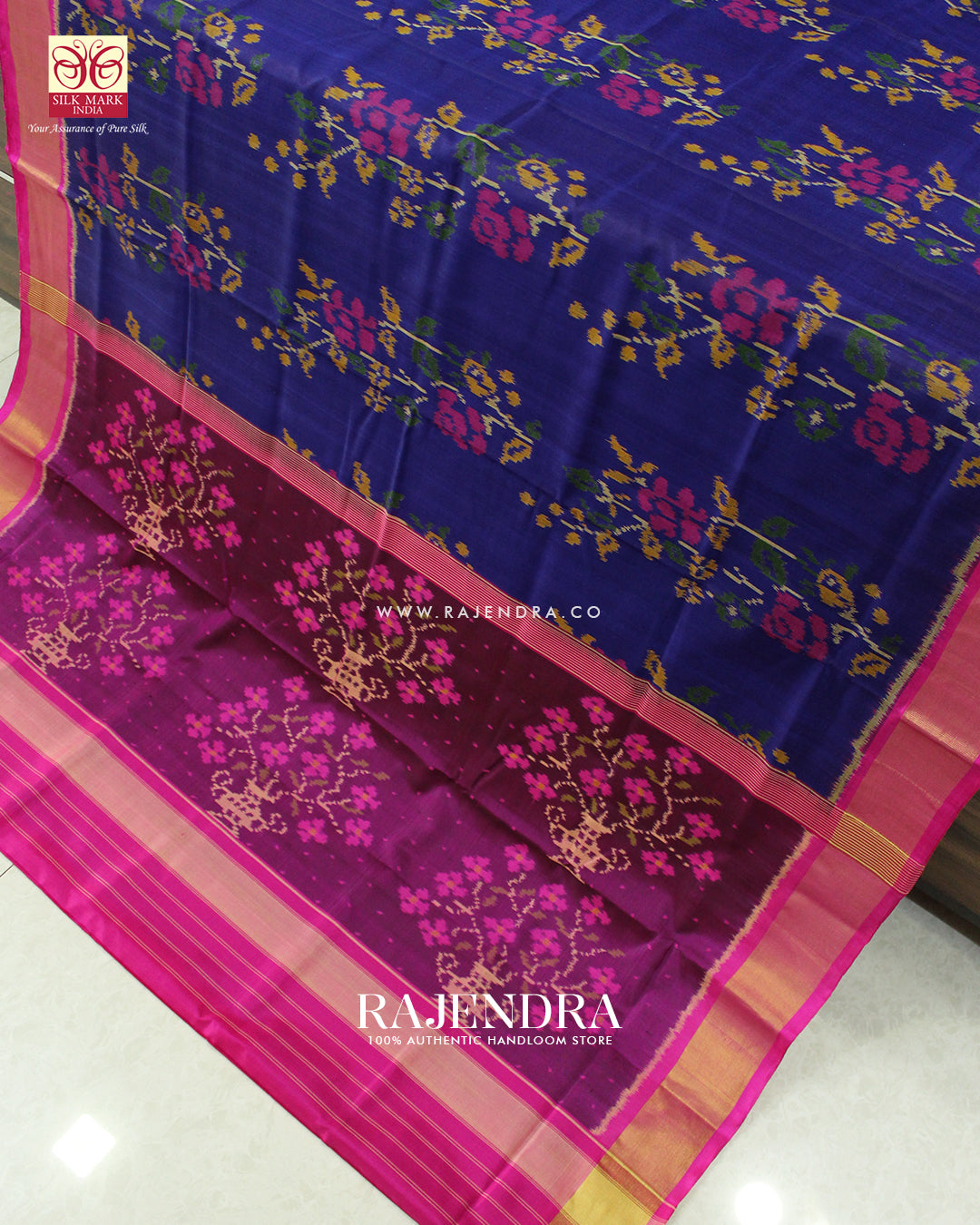 Fancy Flowers Design Pink and Blue Single Ikat Rajkot Patola Saree