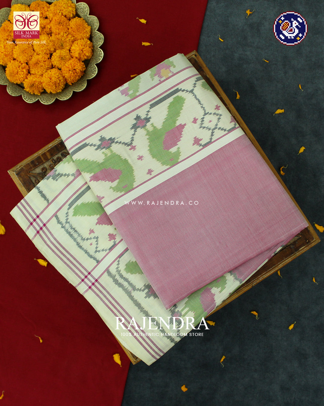Exclusive Parrot Border Baby Design Off White and Baby Pink Ikat Patola Saree