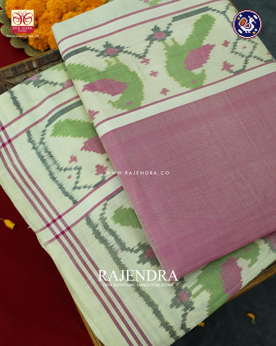 Exclusive Parrot Border Baby Design Off White and Baby Pink Ikat Patola Saree