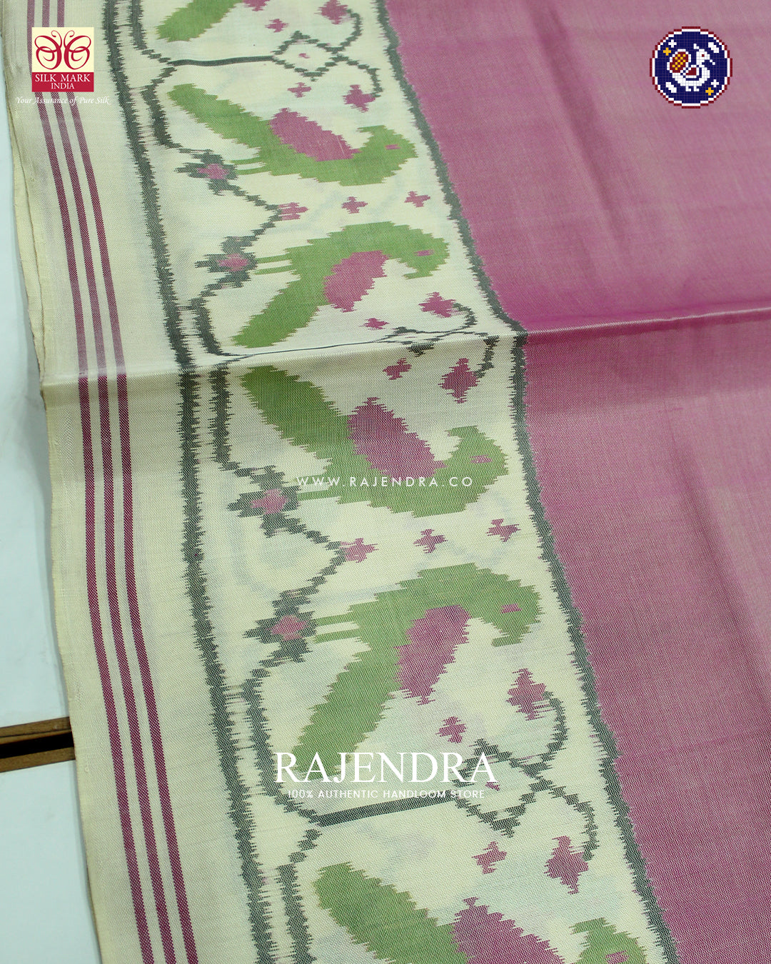 Exclusive Gala border Parrot Border Design Off White and Baby Pink Ikat Patola Saree