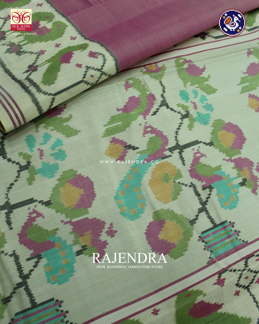 Exclusive Gala border Parrot Border Design Off White and Baby Pink Ikat Patola Saree
