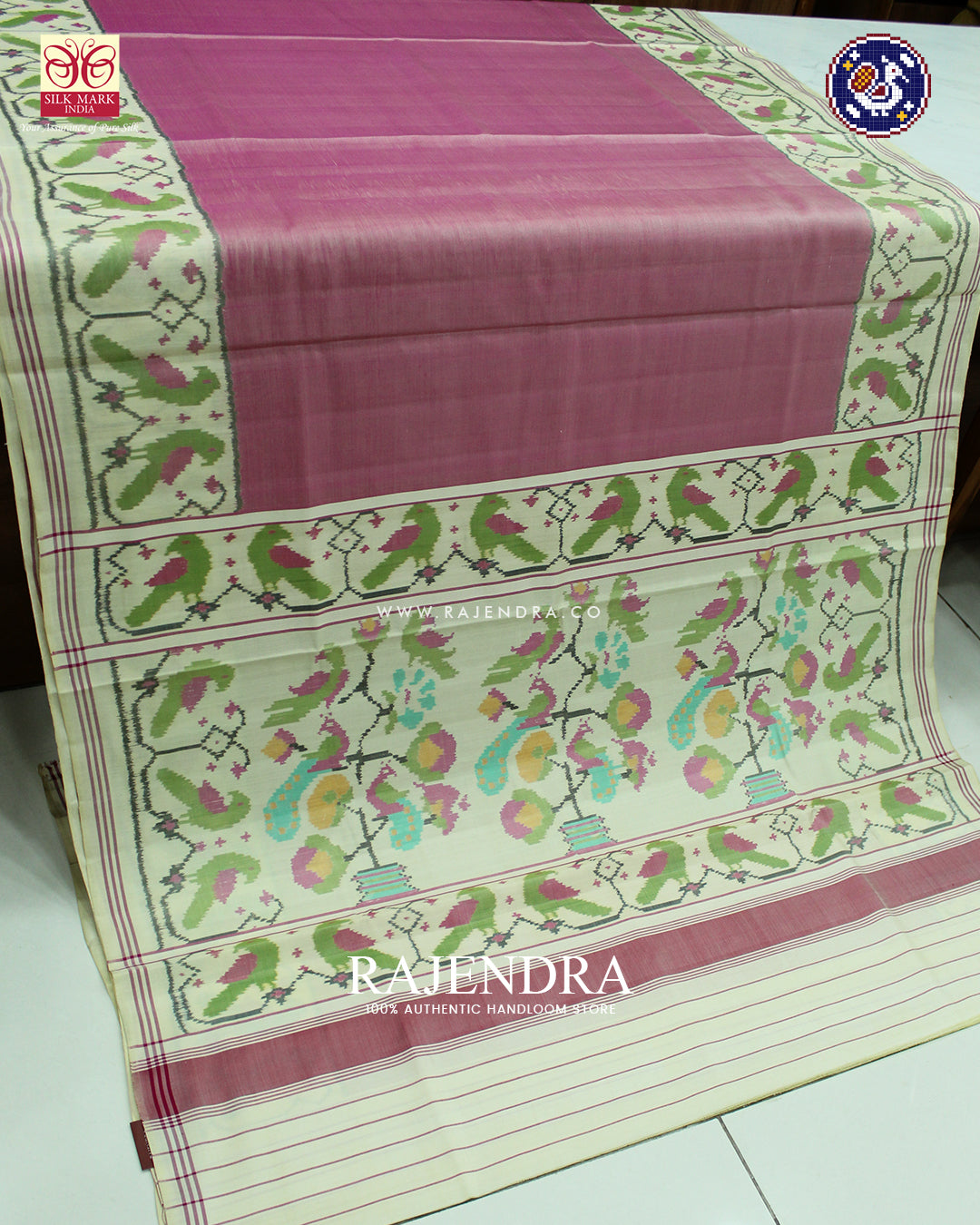 Exclusive Gala border Parrot Border Design Off White and Baby Pink Ikat Patola Saree