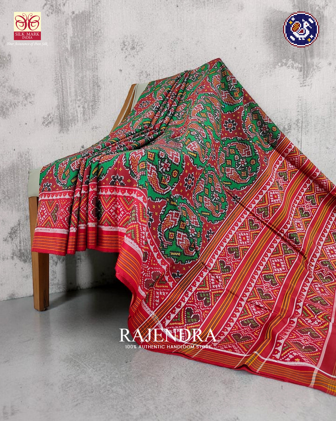 Exclusive Fish Motif Red and Green Ikat Rajkot Patola Saree