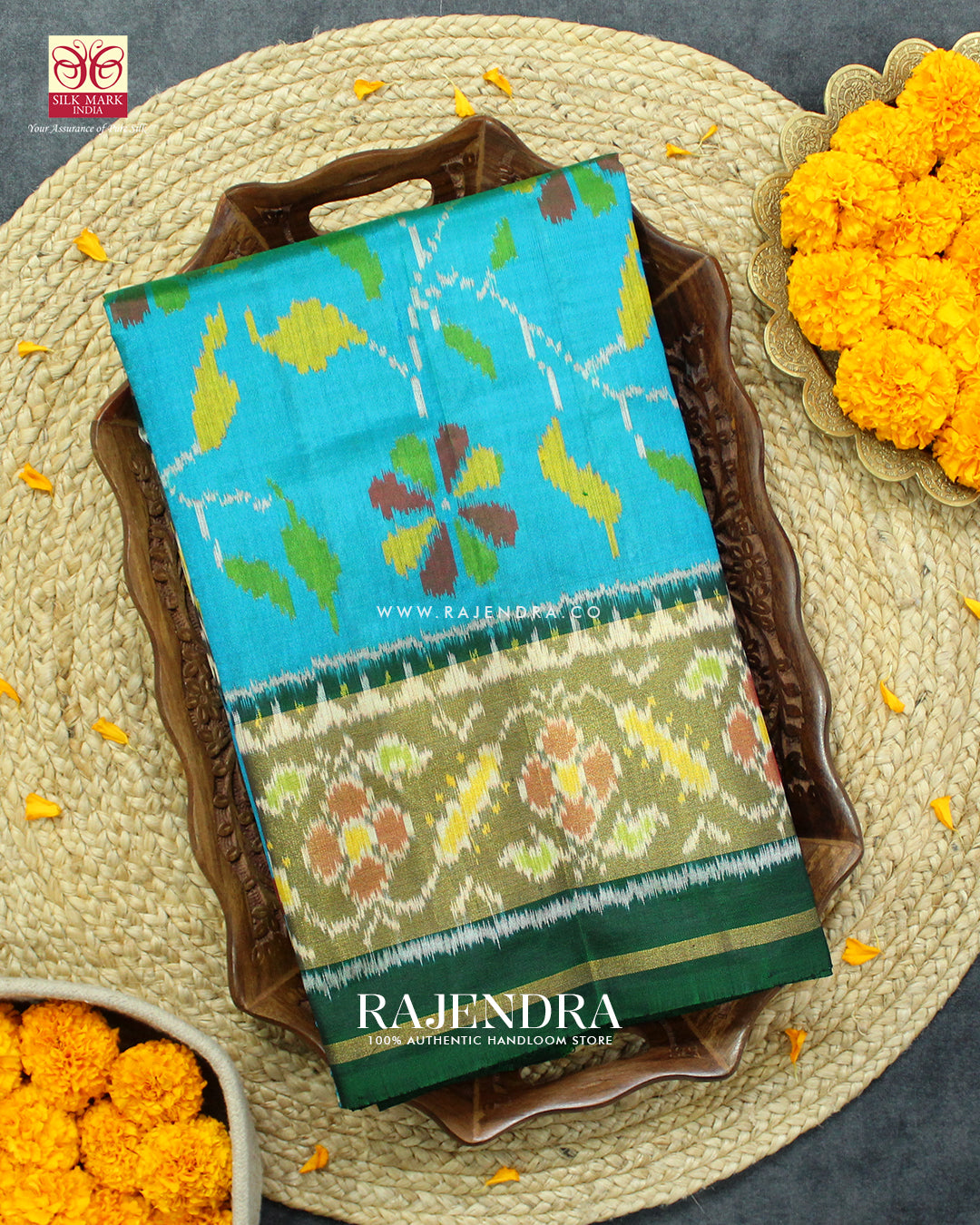 Exclusive Flowers Design Green and Blue Single Ikat Rajkot Patola Saree