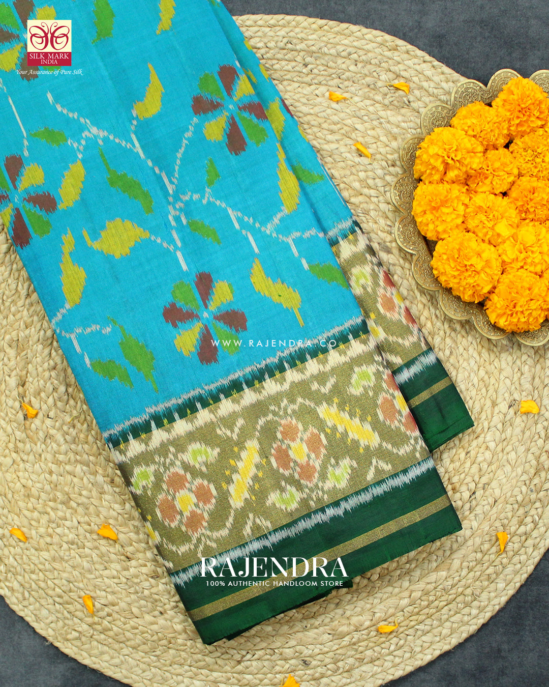 Exclusive Flowers Design Green and Blue Single Ikat Rajkot Patola Saree