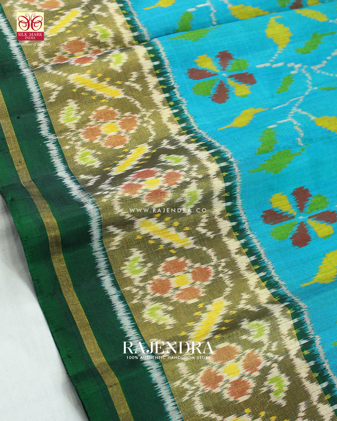 Exclusive Flowers Design Green and Blue Single Ikat Rajkot Patola Saree
