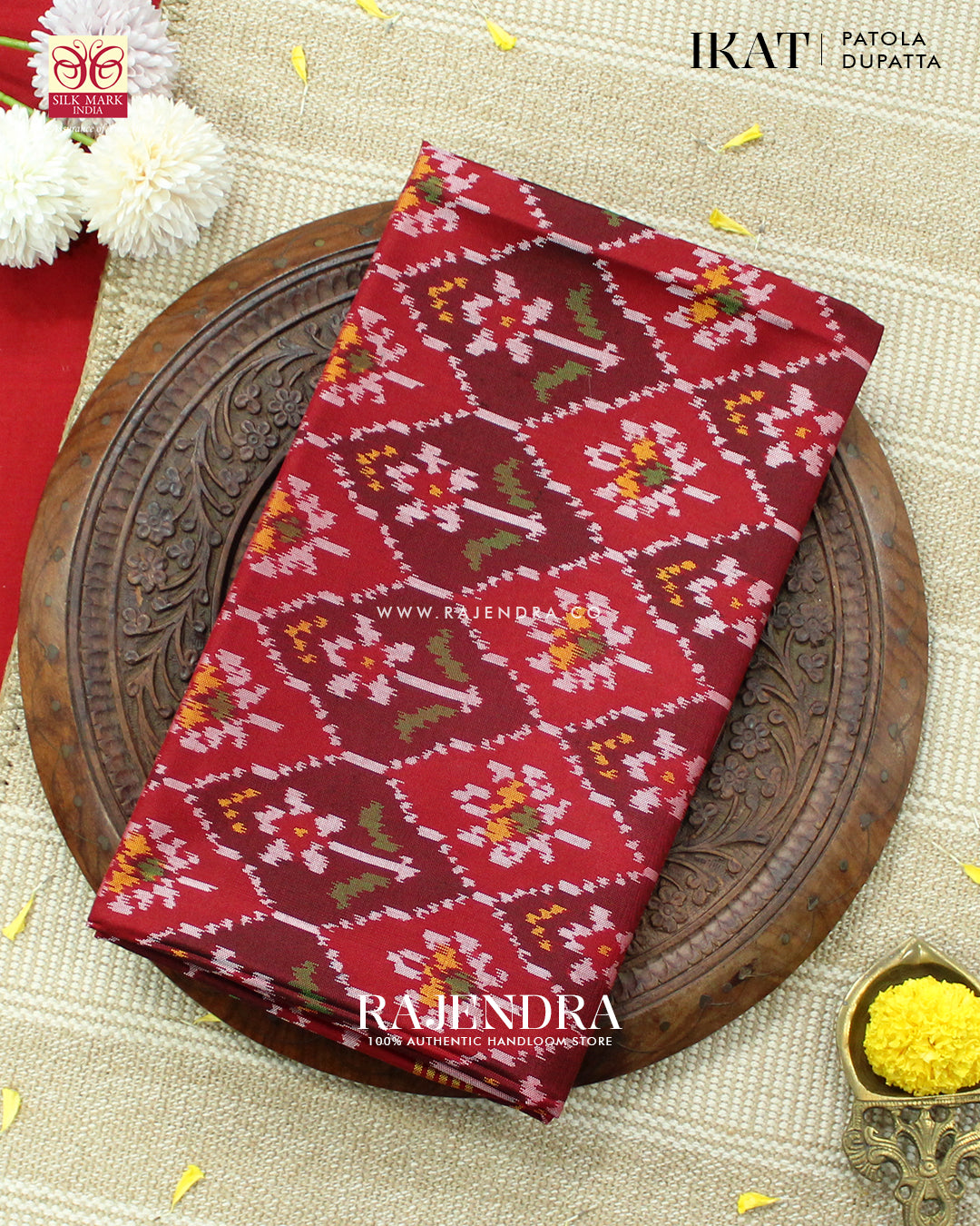 Traditional Flowers Design Red Ikat Rajkot Patola Dupatta