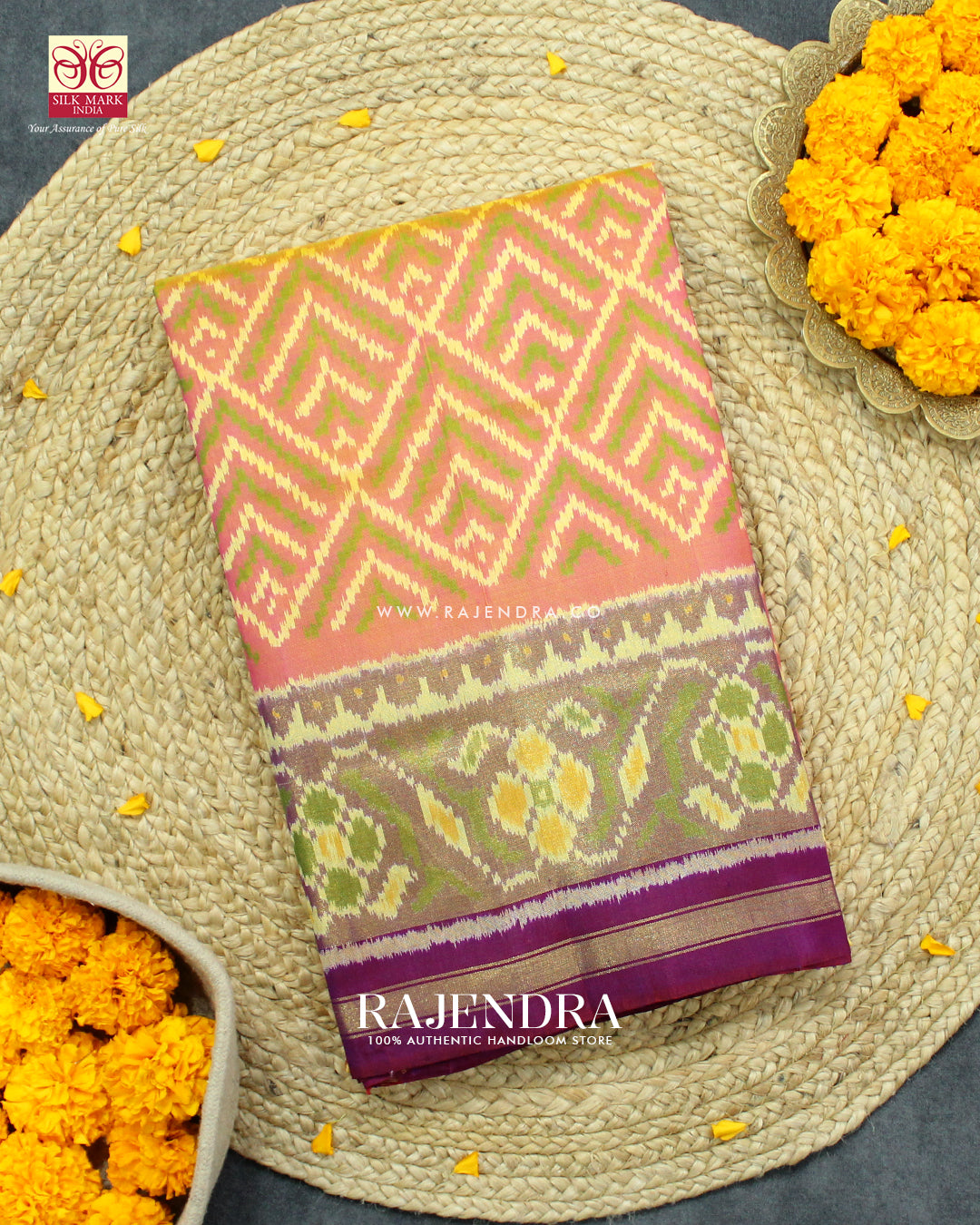 Exclusive Fancy Design Peach and Purple Single Ikat Rajkot Patola Saree