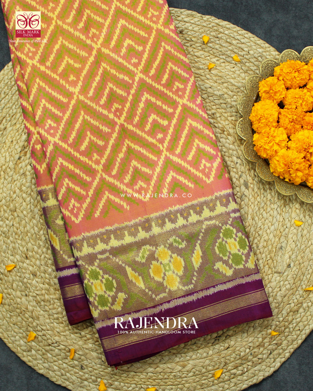 Exclusive Fancy Design Peach and Purple Single Ikat Rajkot Patola Saree