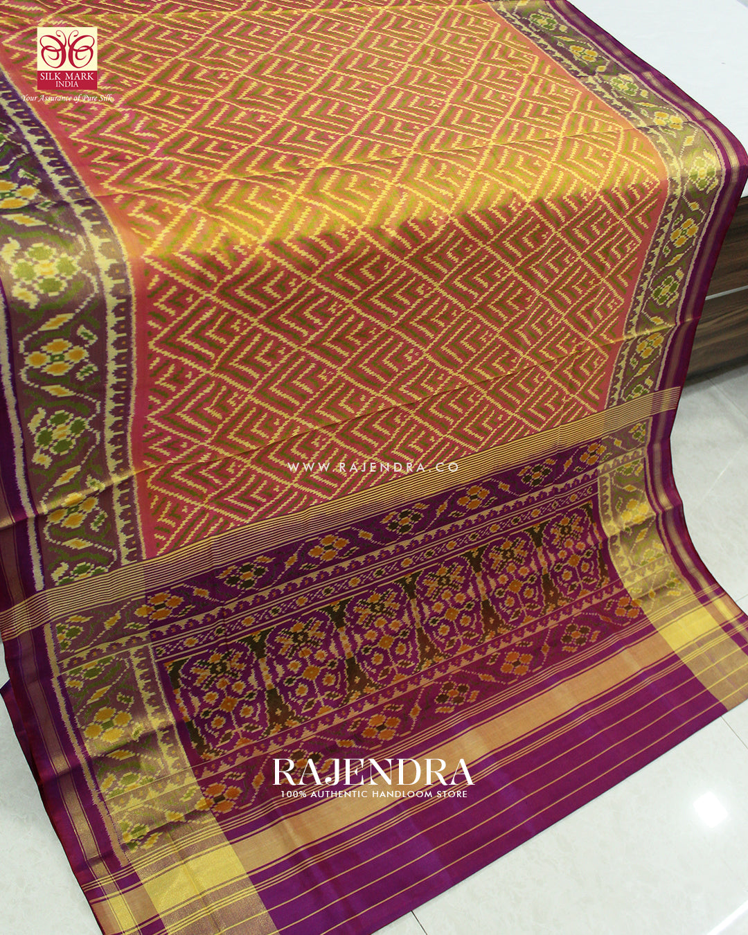 Exclusive Fancy Design Peach and Purple Single Ikat Rajkot Patola Saree