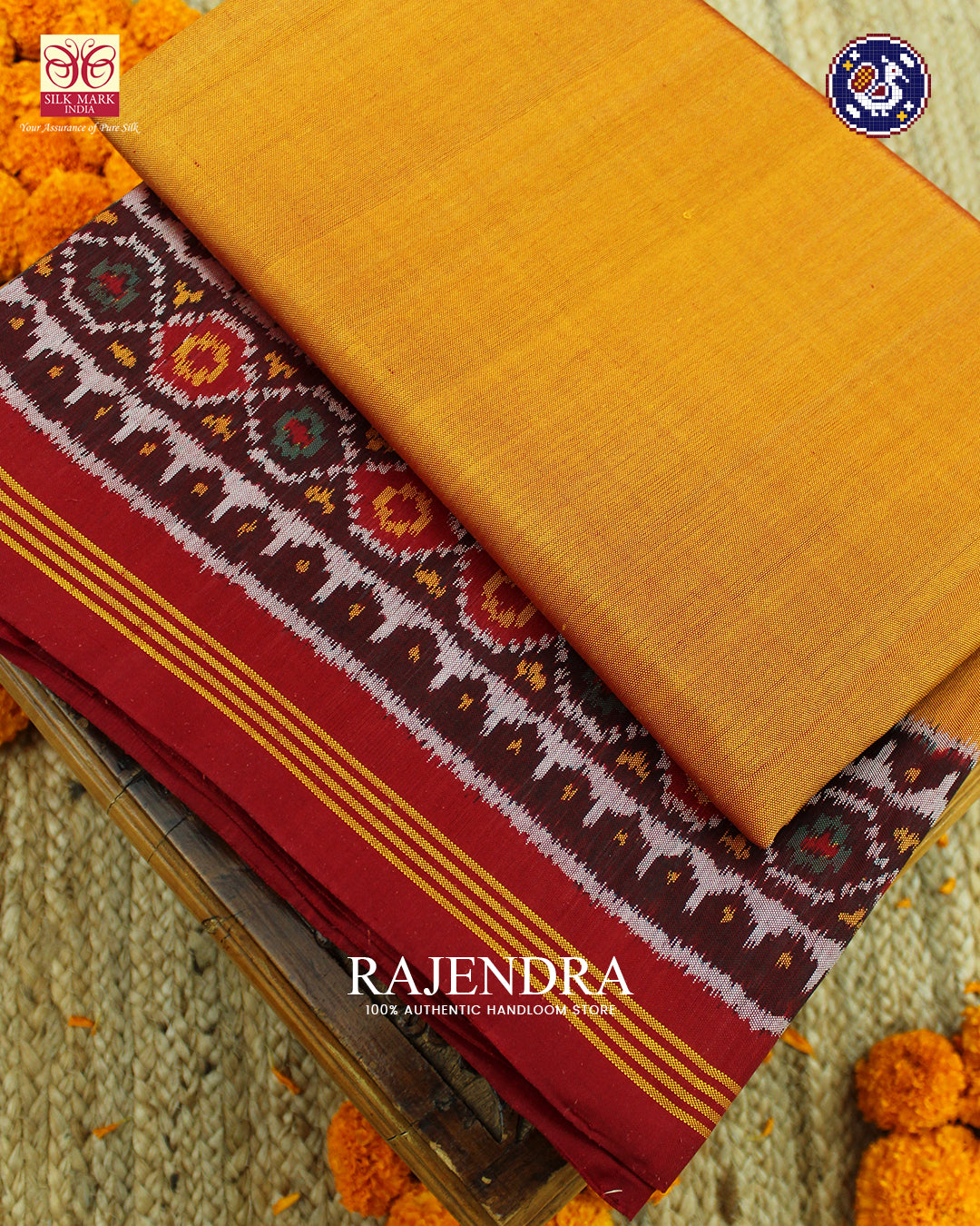 Exclusive Plain Gala Border Red and Mustard Ikat Patola Saree