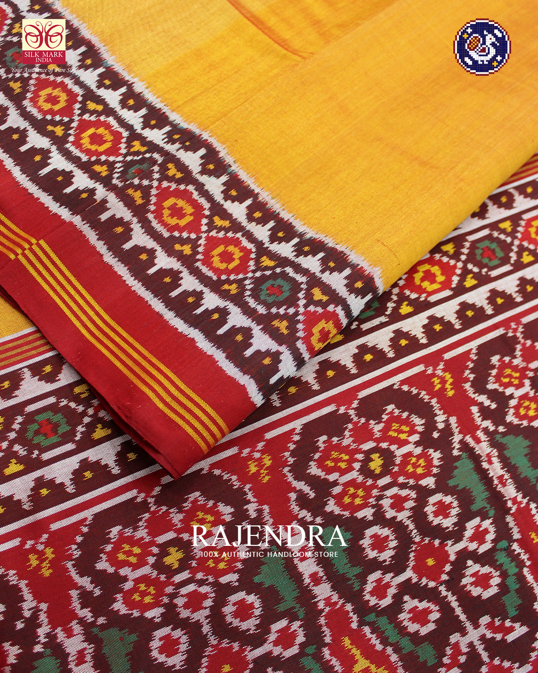 Exclusive Plain Gala Border Red and Mustard Ikat Patola Saree