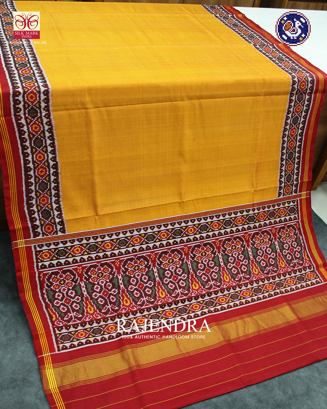 Exclusive Plain Gala Border Red and Mustard Ikat Patola Saree