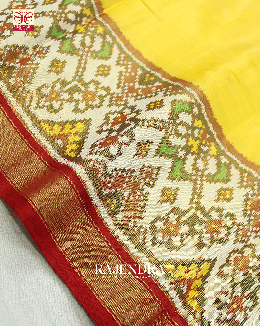Exclusive Zari Tissue Red and Yellow Gala Border Rajkot Patola Saree
