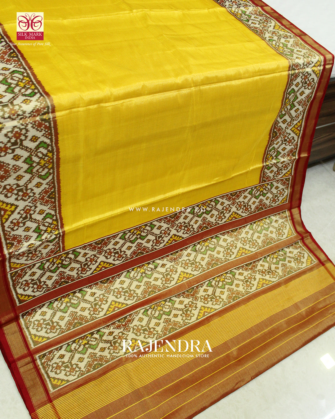Exclusive Zari Tissue Red and Yellow Gala Border Rajkot Patola Saree