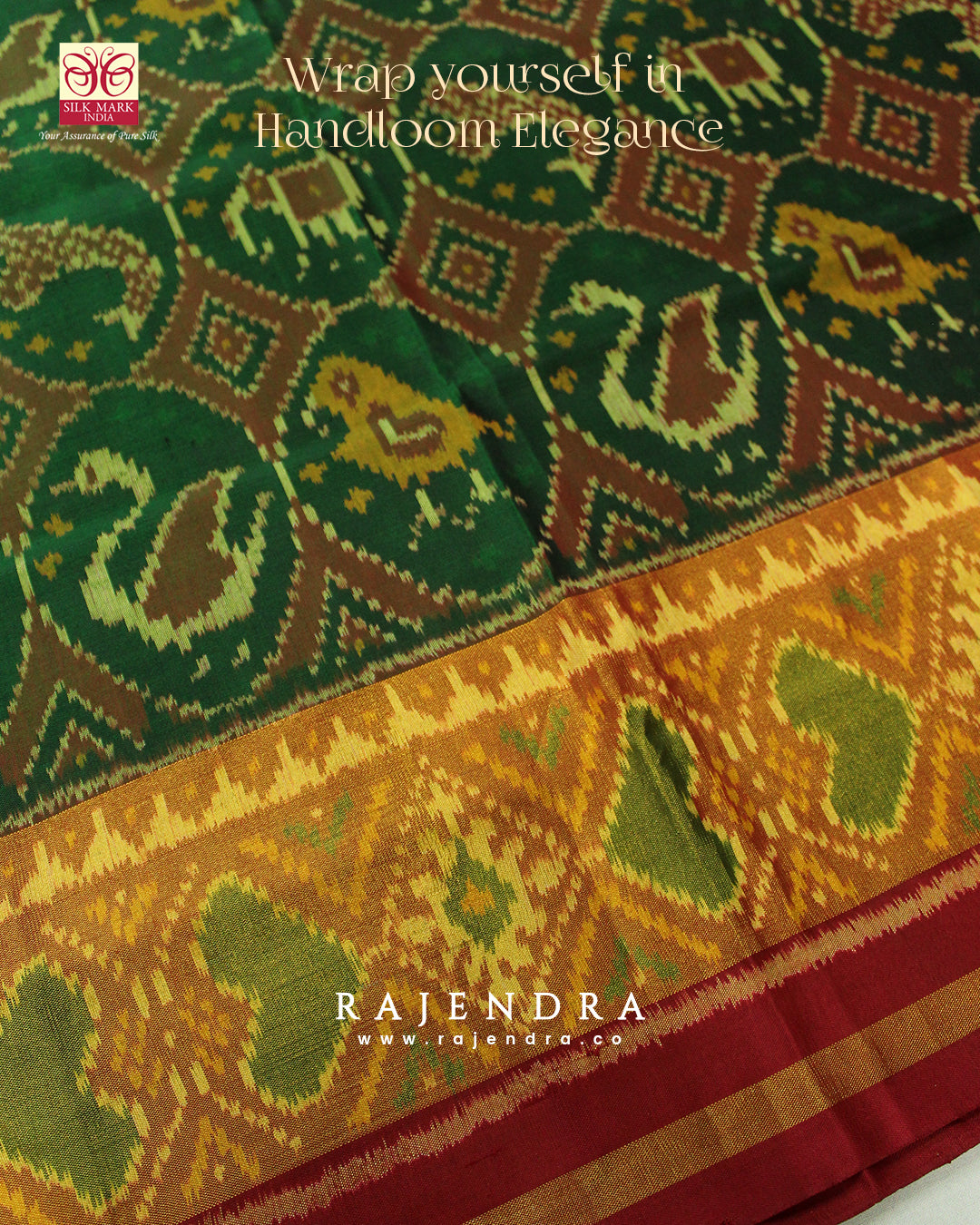 Traditional 4 Figure Red and Green Single Ikkat Rajkot Patola Saree