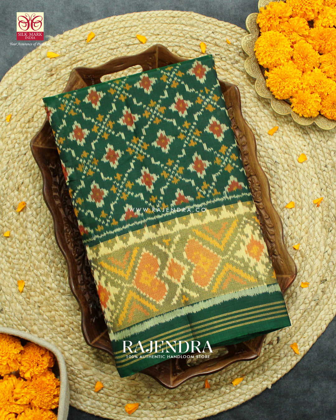Traditional Buttonful Design Green Single Ikat Rajkot Patola Saree