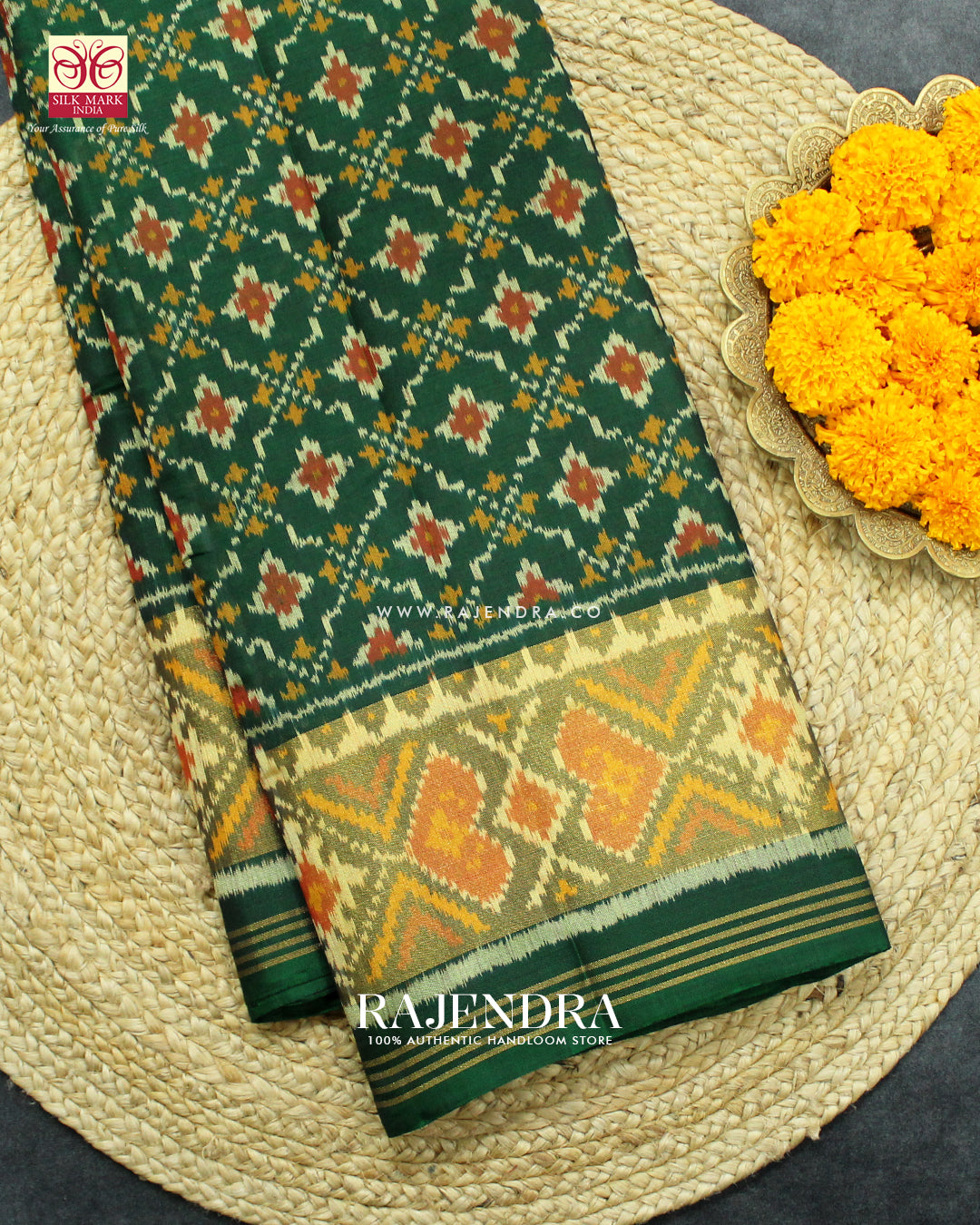 Traditional Buttonful Design Green Single Ikat Rajkot Patola Saree