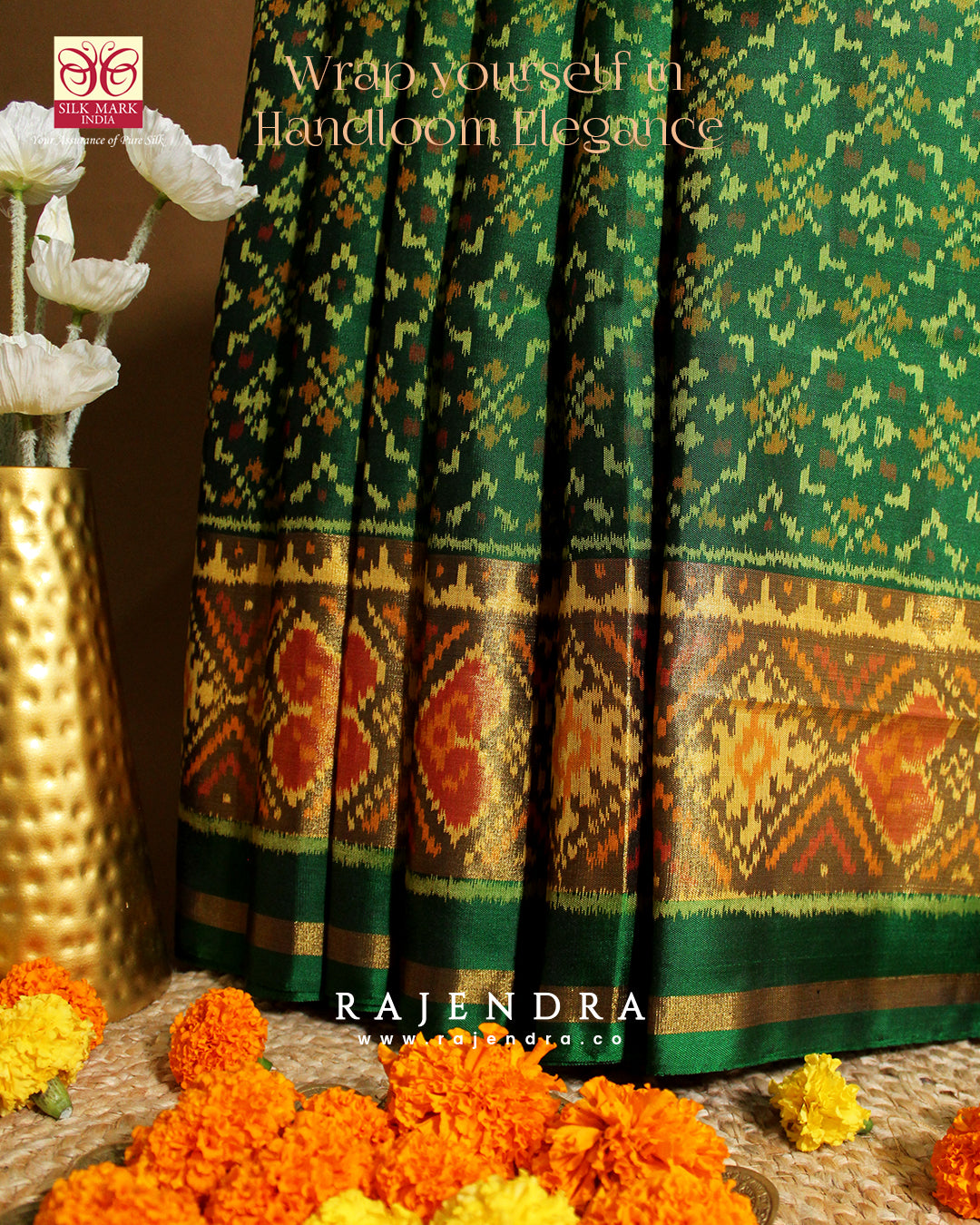Traditional Buttonful Bhat Green Single Ikat Rajkot Patola Saree