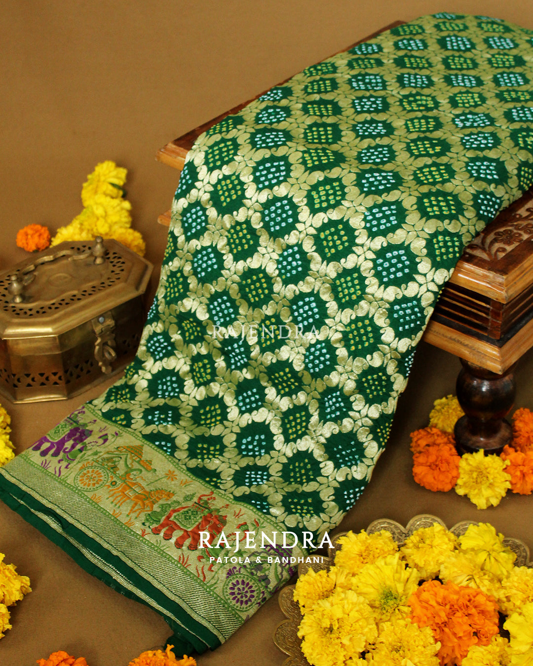 Exclusive Pure Khaddi Georgette Green Patola Bhat Banarasi Bandhani Saree