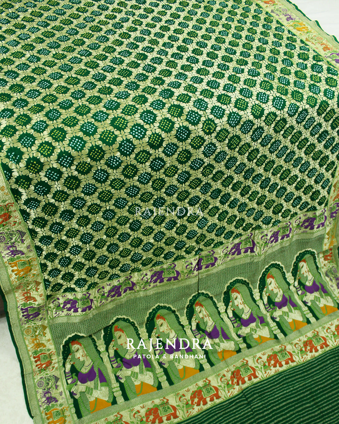Exclusive Pure Khaddi Georgette Green Patola Bhat Banarasi Bandhani Saree