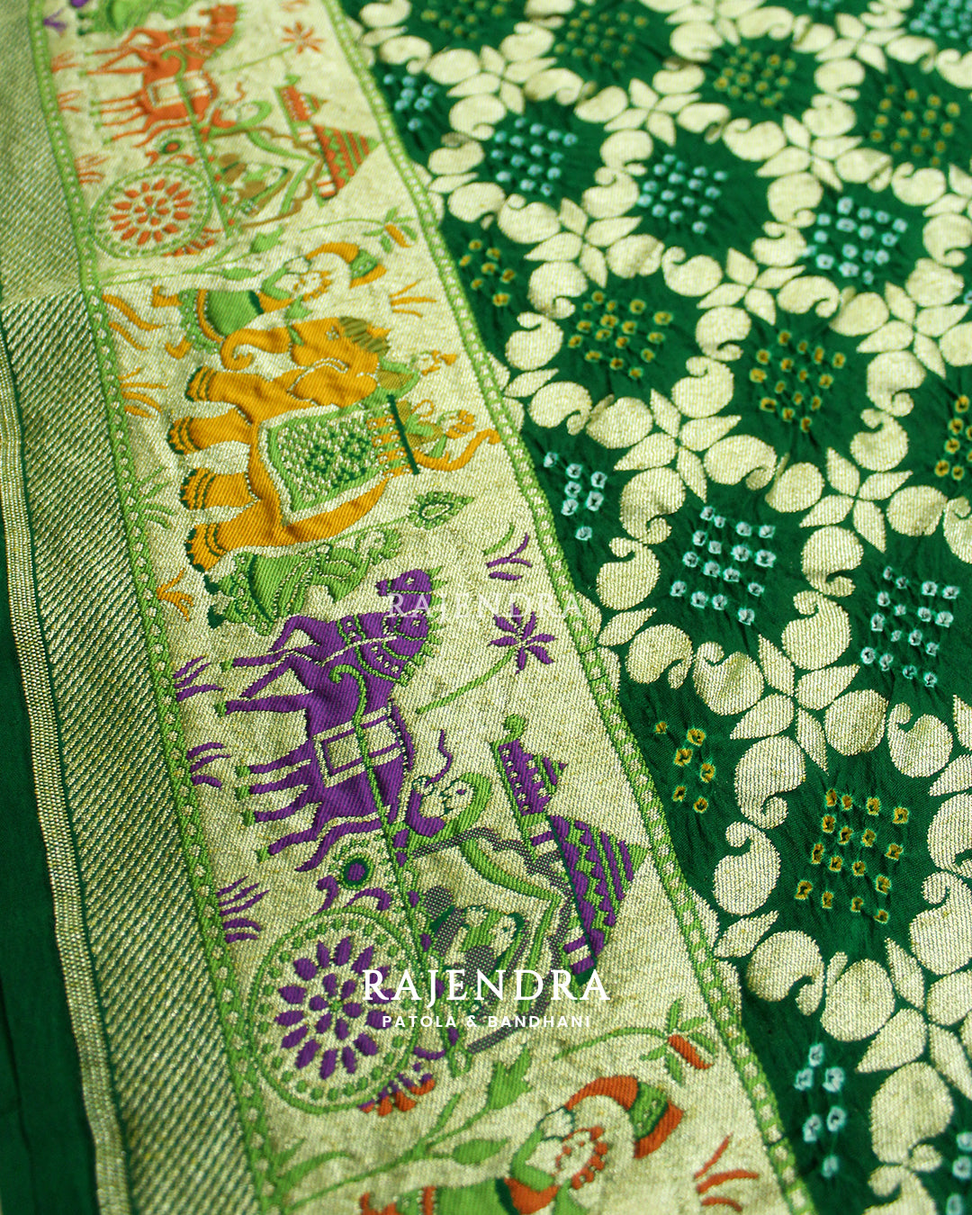 Exclusive Pure Khaddi Georgette Green Patola Bhat Banarasi Bandhani Saree
