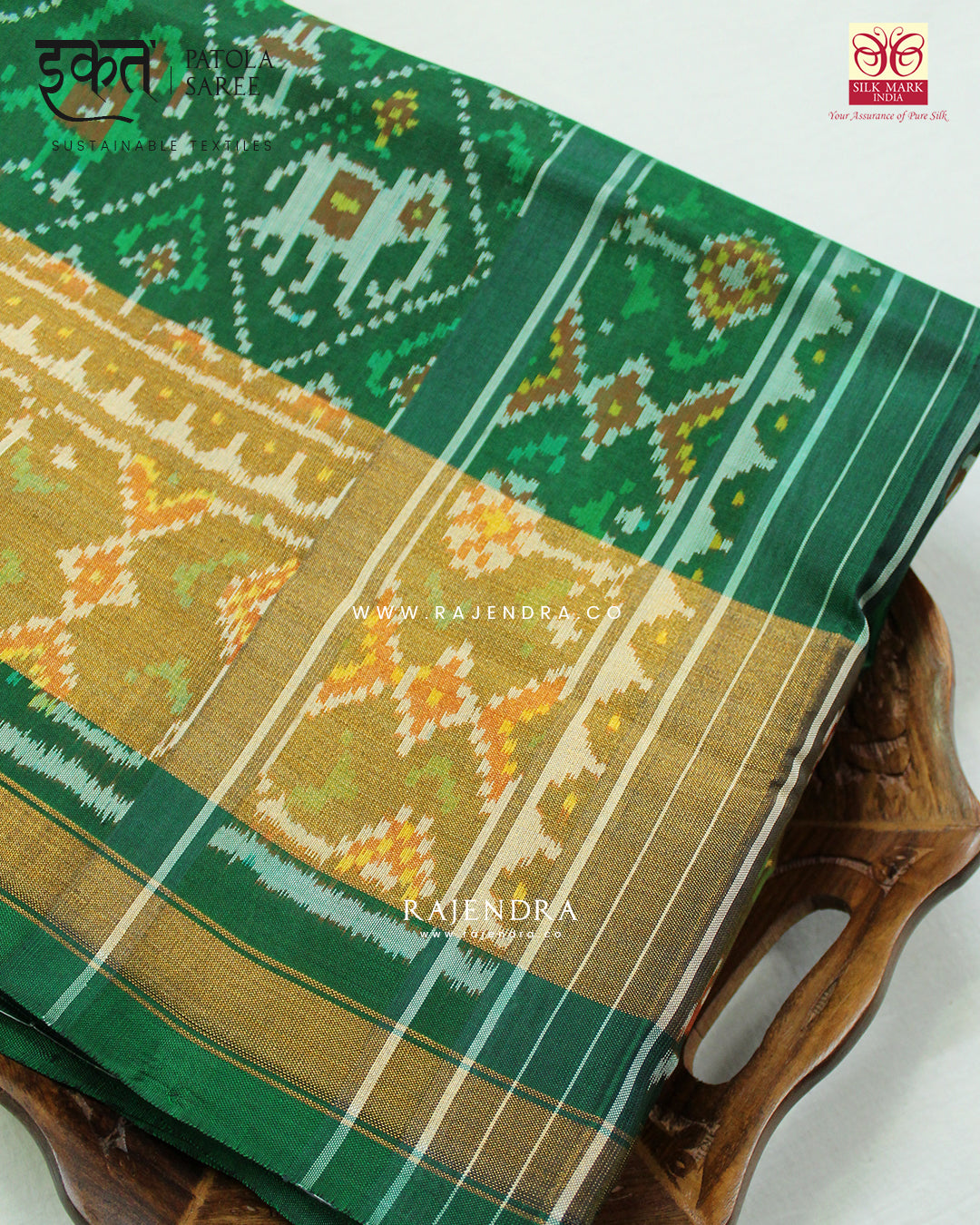 Traditional Hathi Popat Green Single Ikat Rajkot Patola Saree