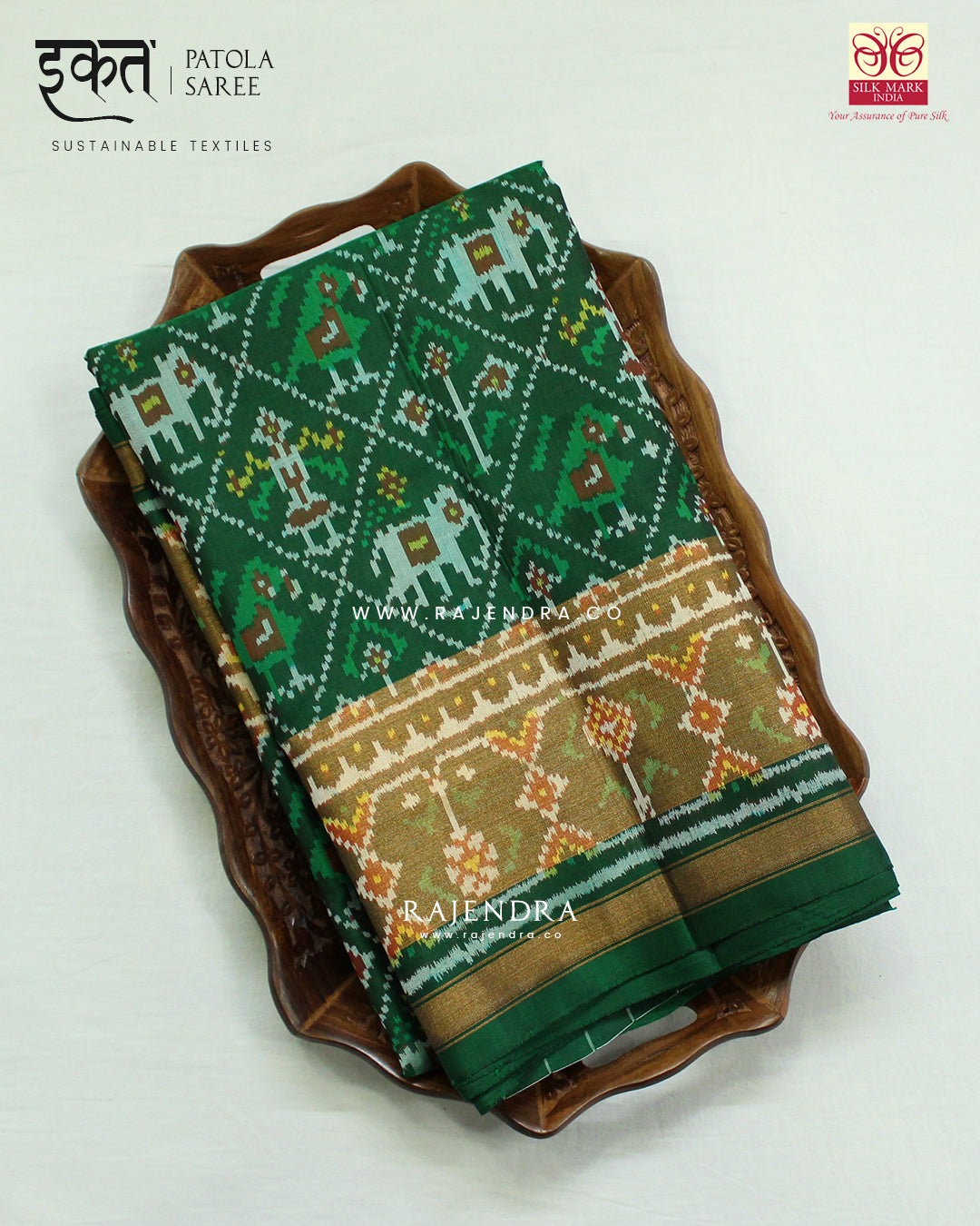 Traditional Hathi Popat Green Single Ikat Rajkot Patola Saree